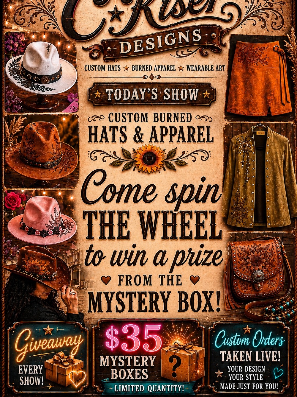 Custom Burned Hats & Apparel - Rustic Leather & Suede Pieces